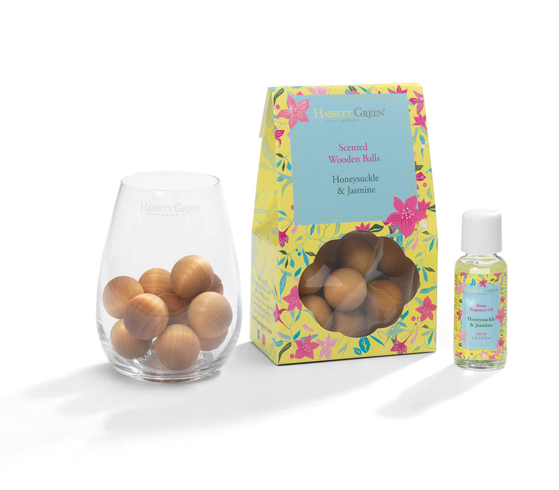 Honeysuckle & Jasmine - Scented Wooden Balls With Oil & Vase