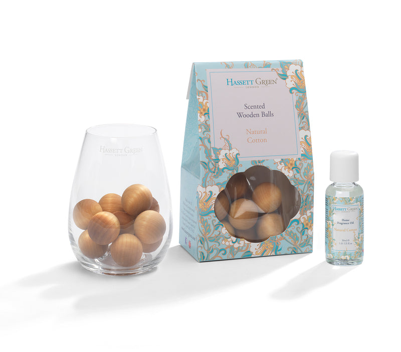 Natural Cotton - Scented Wooden Balls With Oil & Vase