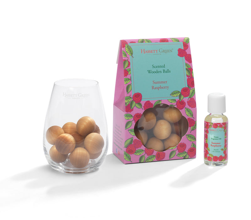 Summer Raspberry - Scented Wooden Balls With Oil & Vase